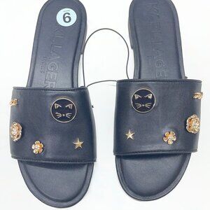 Karl Lagerfeld Charm Slide Sandals Black Size 9, Cat, flower and star charms